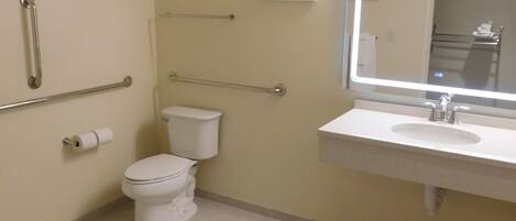 Un baño con inodoro, barras de apoyo, lavabo y espejo.