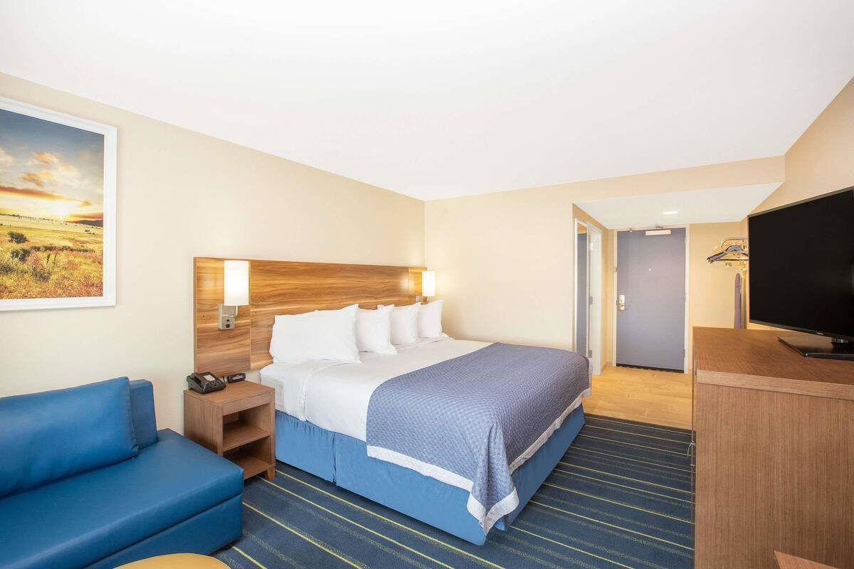 A hotel room with a bed, a blue sofa, a television, and a painting on the wall.