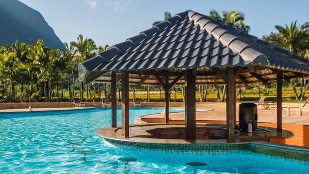 A swimming pool with a covered pavilion, palm trees, and a mountainous backdrop. - Estância Ribeirão Grande (Jaragua do Sul)