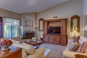 Smart TV, fireplace, offices, printers