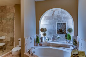 Combined shower/tub, hair dryer, towels, soap