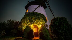 Een verlichte deur van een windmolen, omgeven door groen, 's nachts.