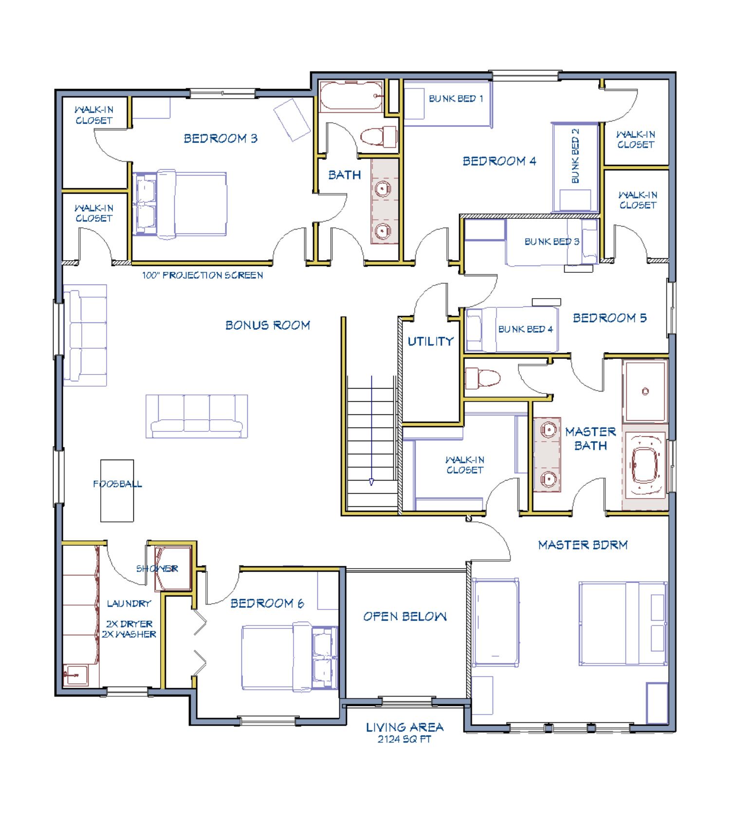 Plano de planta de un apartamento de 2 habitaciones con sala adicional, zona de servicios, baño principal y sala de estar que ocupa 2124 pies cuadrados.