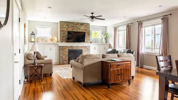 Smart TV, fireplace, video games, foosball