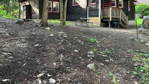 Un chalet rustique doté d’une terrasse en bois, entouré d’une forêt dense.