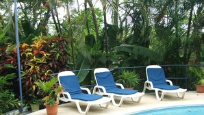Un espace aménagé au bord de la piscine, avec trois chaises longues blanches dotées de coussins bleus, le tout entouré d’une végétation tropicale luxuriante.