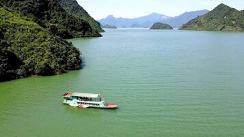 Un barco sobre un lago tranquilo rodeado de colinas verdes y frondosas.