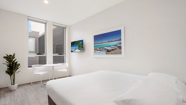 A modern bedroom with a large bed, a small table, two chairs, a potted plant, and two framed pictures on the wall. - Bondi Beach Studios (Bondi)