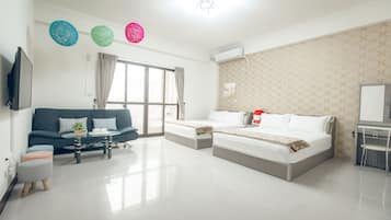 Desk, blackout drapes, soundproofing, rollaway beds