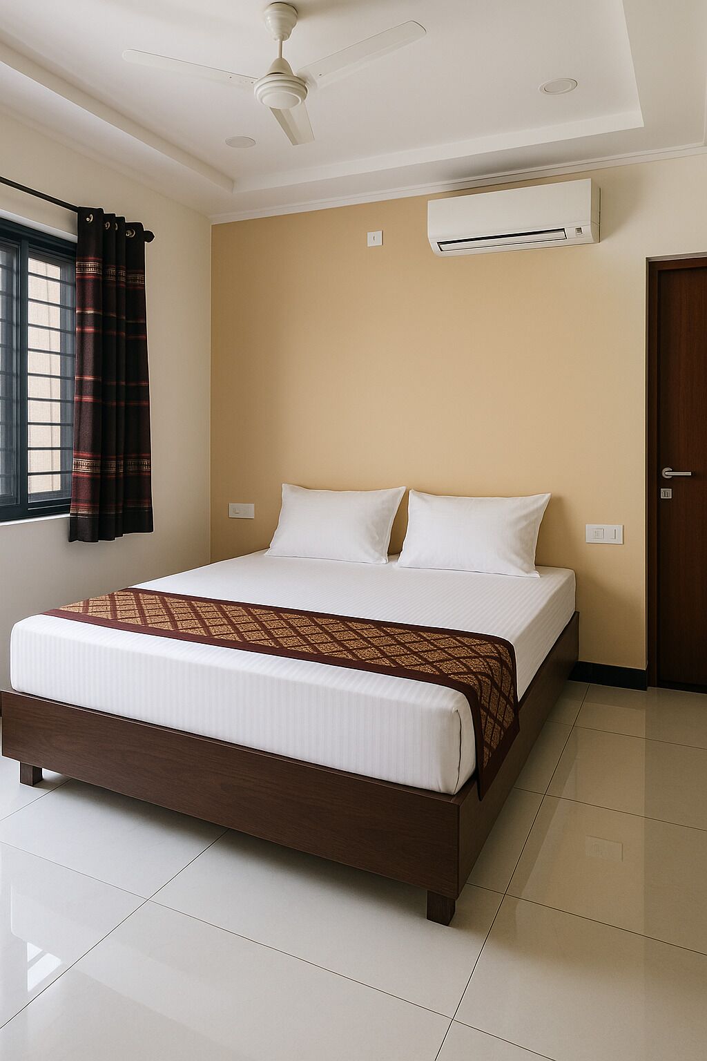 Una cama bien hecha con un edredón estampado, un ventilador de techo y un equipo de aire acondicionado en la pared.