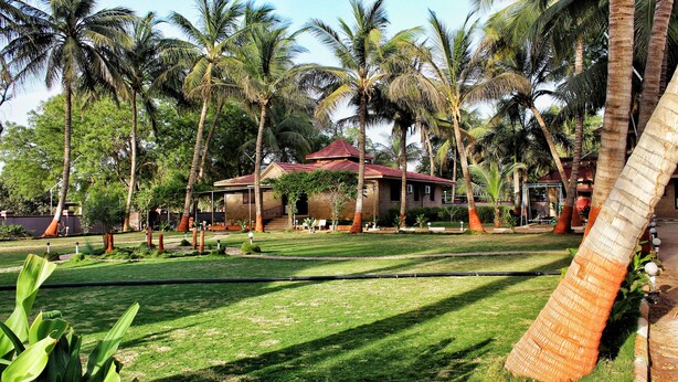 A tropical resort with palm trees, a well-maintained lawn, and a building with a red roof. -  Stay Guru Resort Farm Villa (Bhuj)