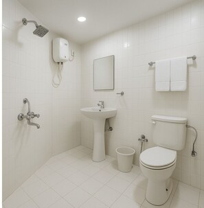 デラックス ダブルルーム | バスルーム | 深めの浴槽、バスアメニティ (無料)、ヘアドライヤー、バスローブ