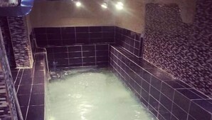 A rectangular hot tub with black tiled walls and a metal ladder. - Otel Turker (Sile)