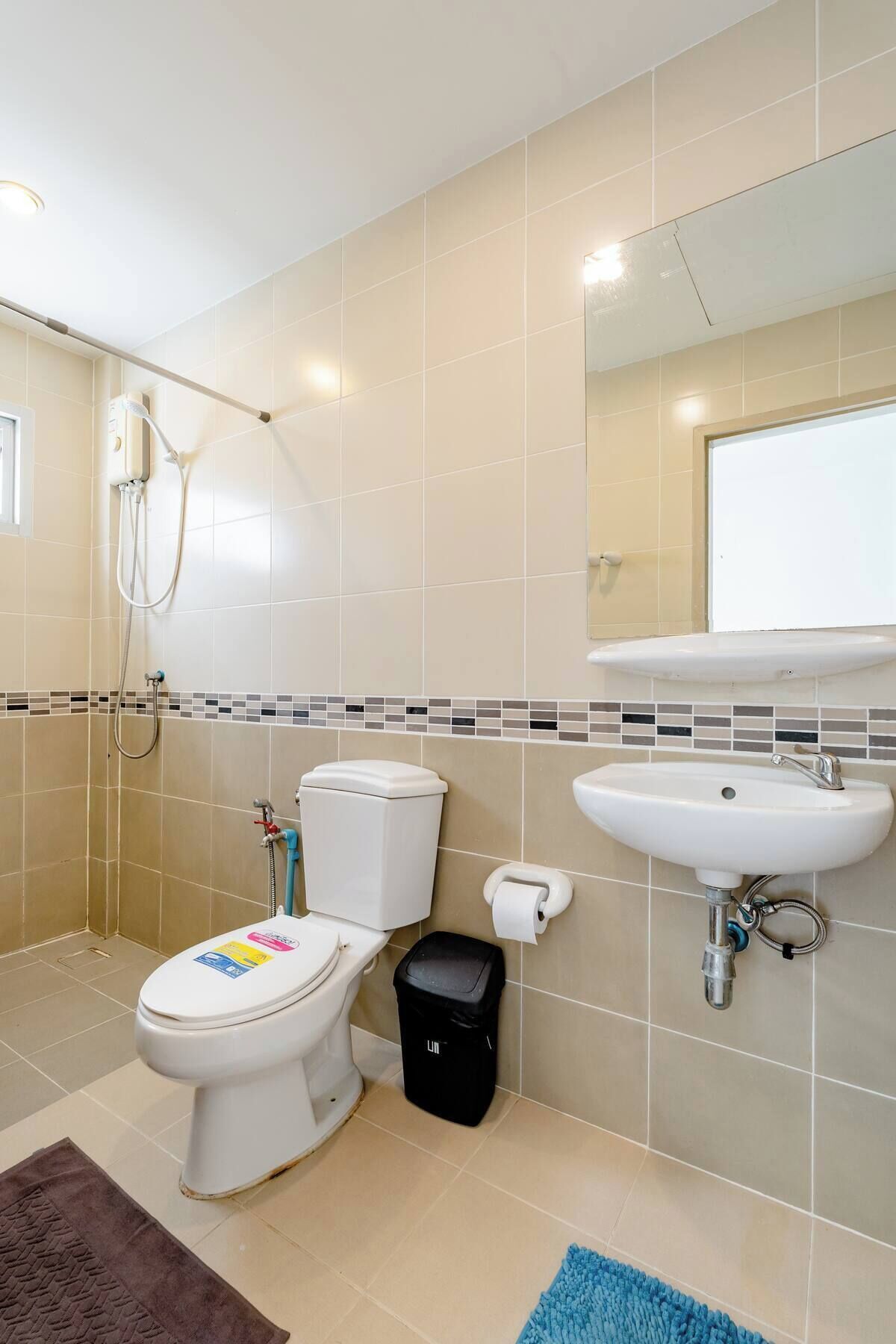 Shower, free toiletries, bidet, towels
