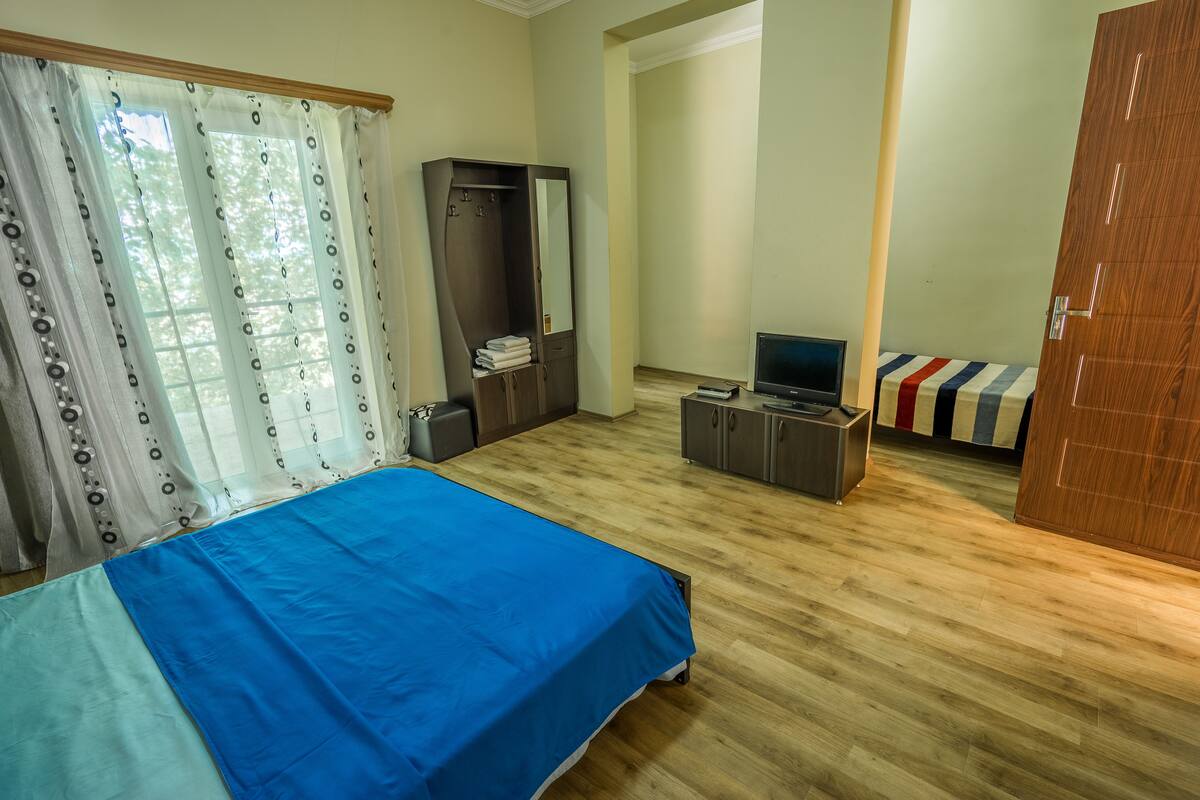 A bedroom with a bed, a wardrobe, a desk, and a television.