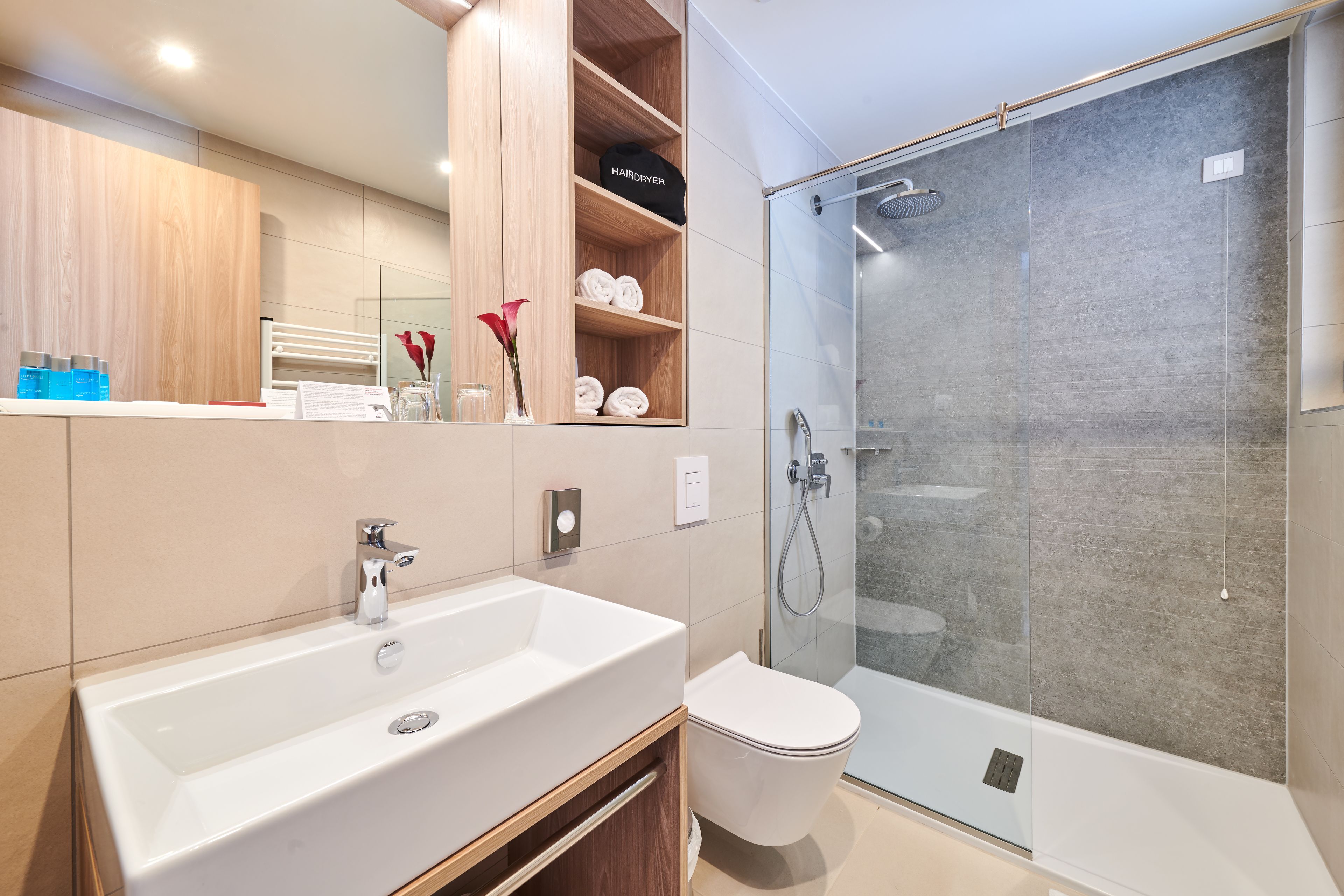 A modern bathroom with a large white sink, a toilet, and a glass-enclosed shower.