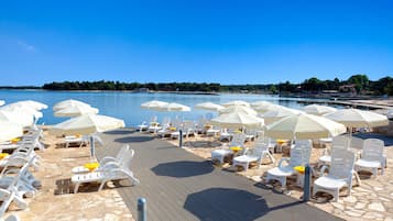 On the beach, sun loungers, beach umbrellas, beach towels