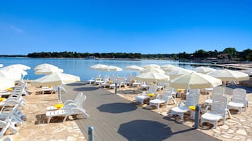 On the beach, sun-loungers, beach umbrellas, beach towels