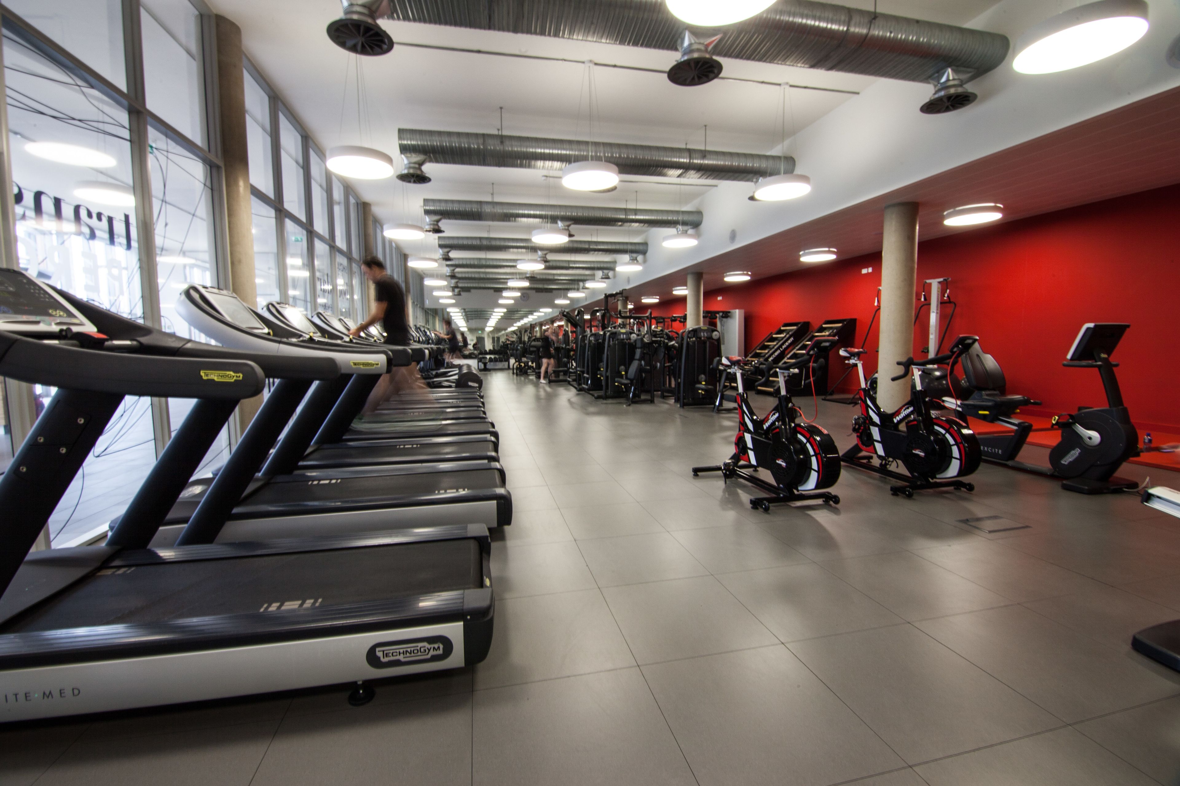 A gym with treadmills, stationary bikes, and weight machines.