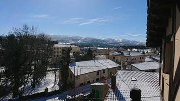 Vista de un pueblo con tejados nevados y montañas al fondo.