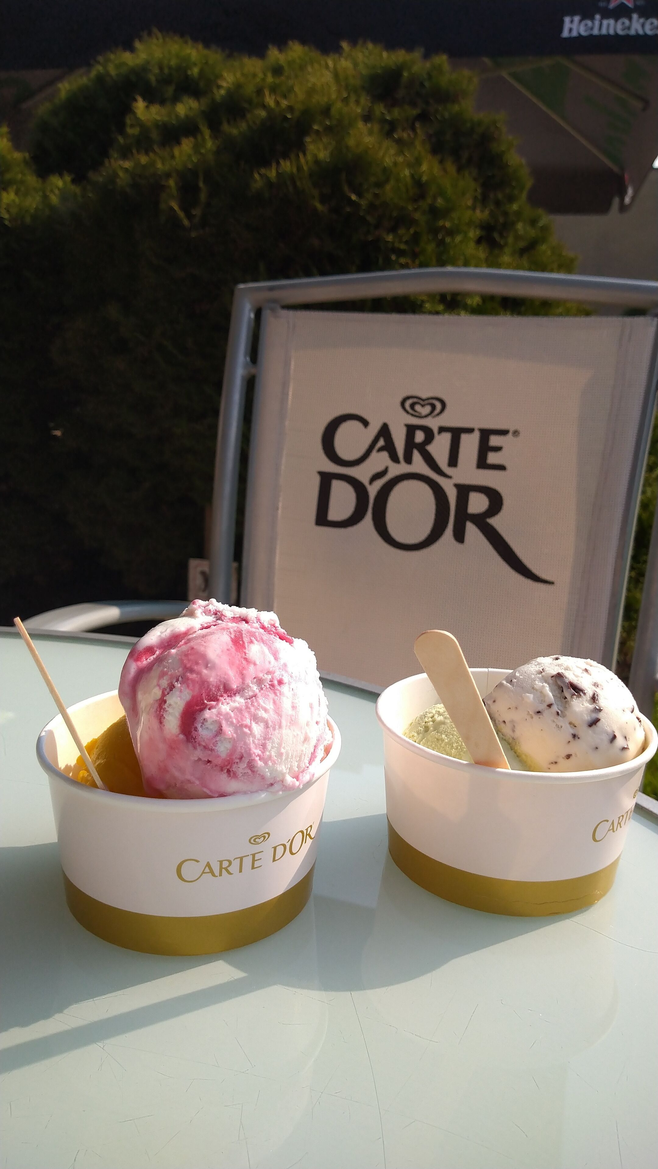 Deux coupes de glace, avec une pancarte en arrière-plan.