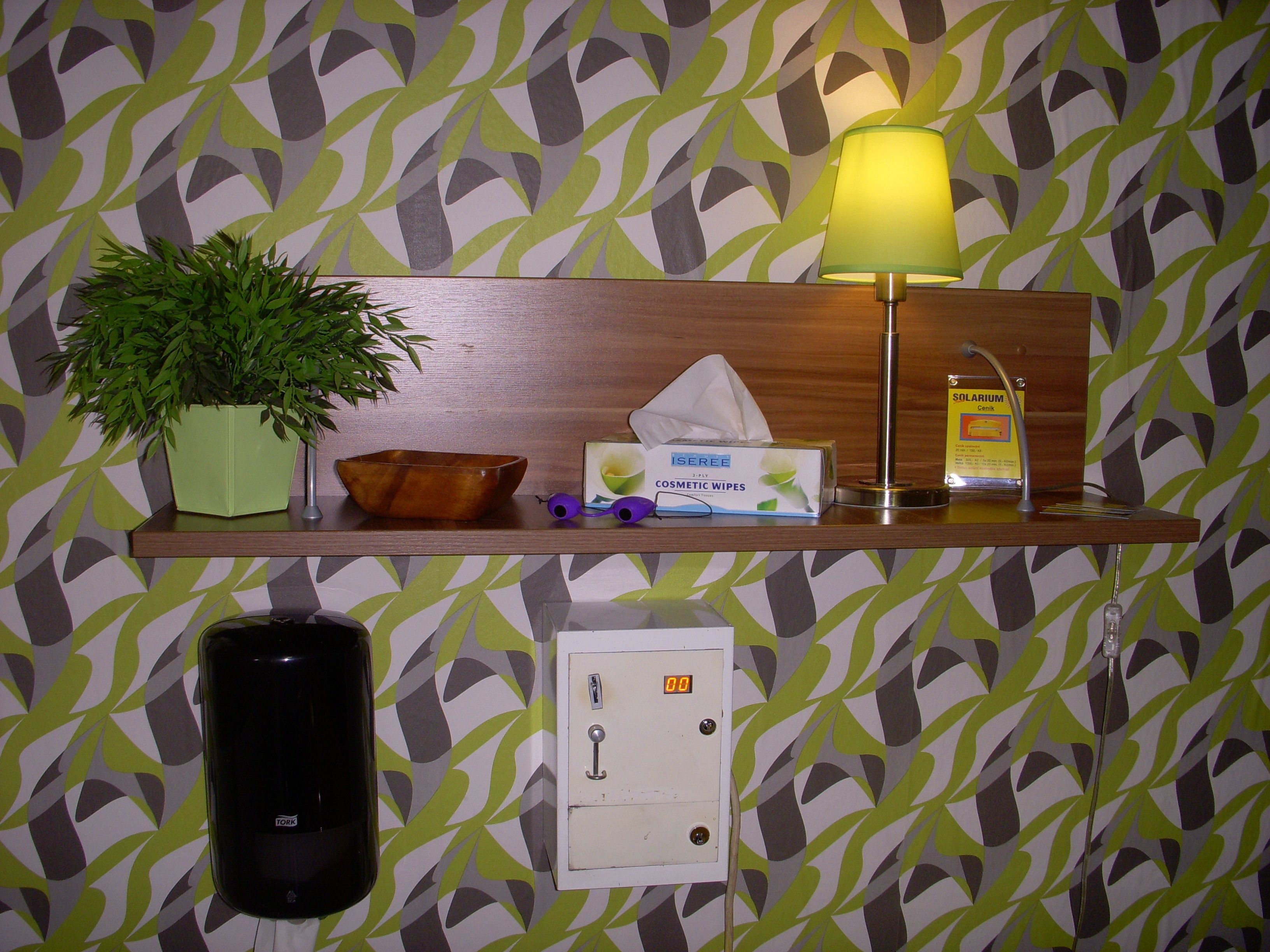 A hotel reception area with a wooden shelf displaying a potted plant, a bowl, a box of cosmetic wipes, a lamp, a bottle, and a light switch.