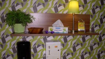 A hotel reception area with a wooden shelf displaying a potted plant, a bowl, a box of cosmetic wipes, a lamp, a bottle, and a light switch.