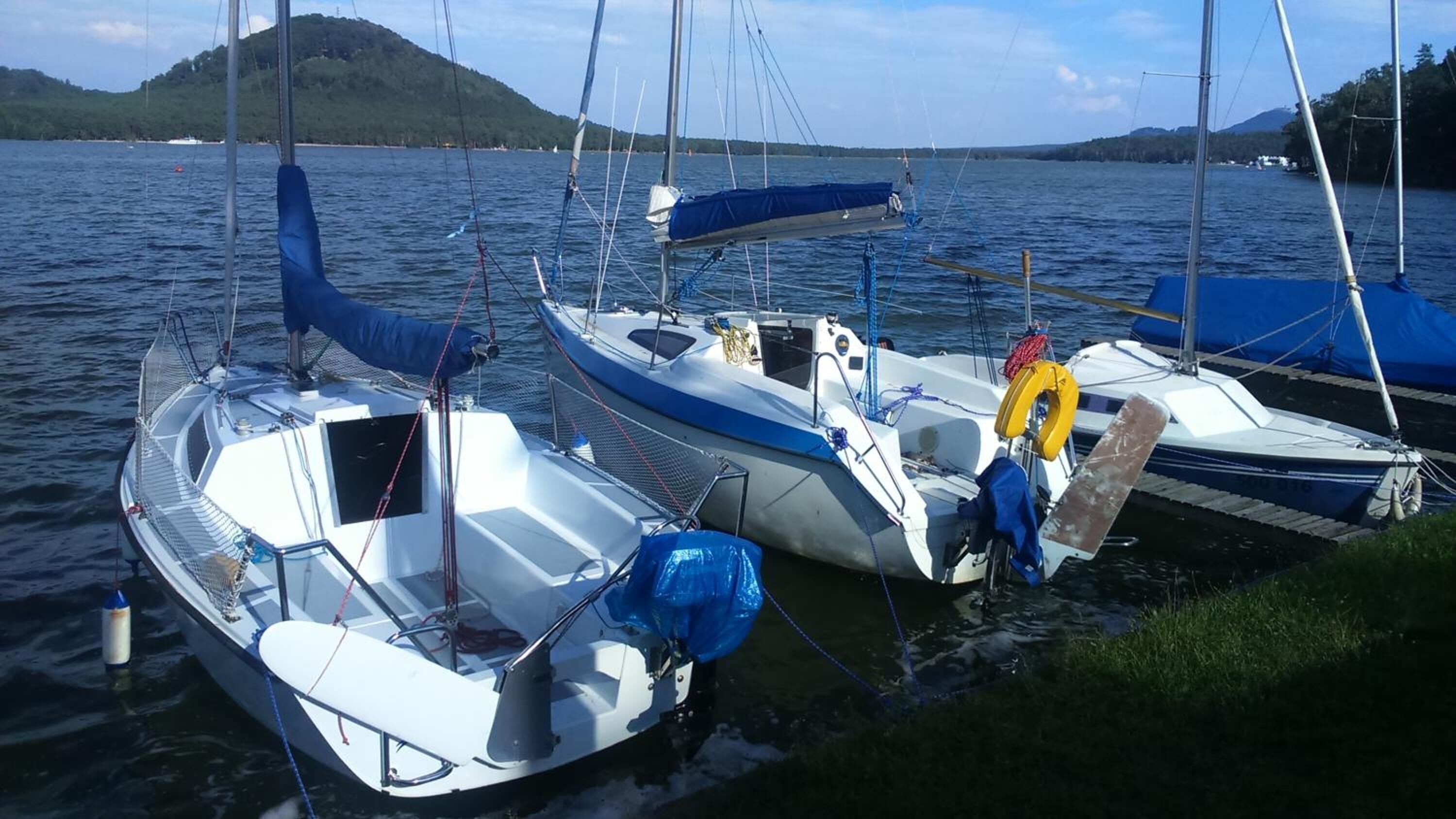 A marina with several sailboats docked.
