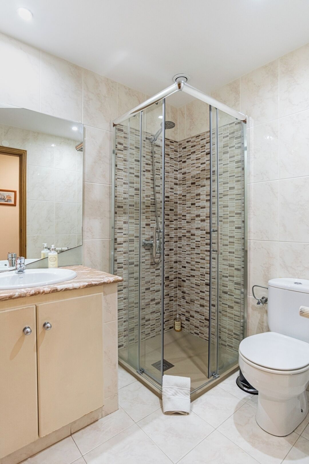 Eco-friendly toiletries, hair dryer, towels, soap