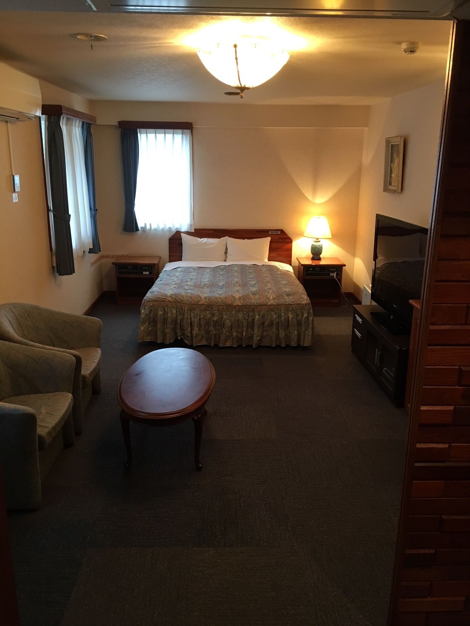 down duvets, desk, laptop workspace, blackout curtains