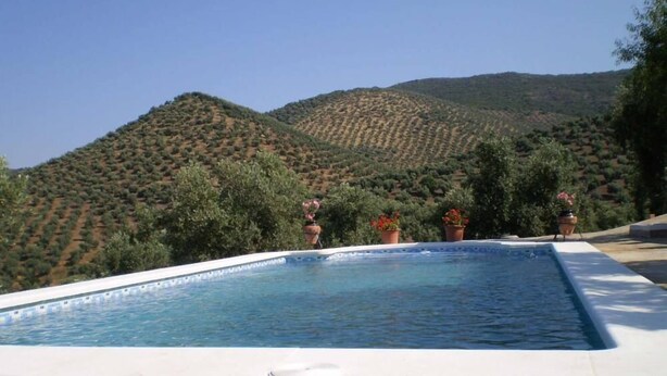Une piscine rectangulaire à l’eau d’un bleu limpide, entourée d’une terrasse blanche. Au fond, on aperçoit des collines en terrasses, couvertes d’une végétation luxuriante, ainsi que quelques plantes en pot ornées de fleurs rouges.