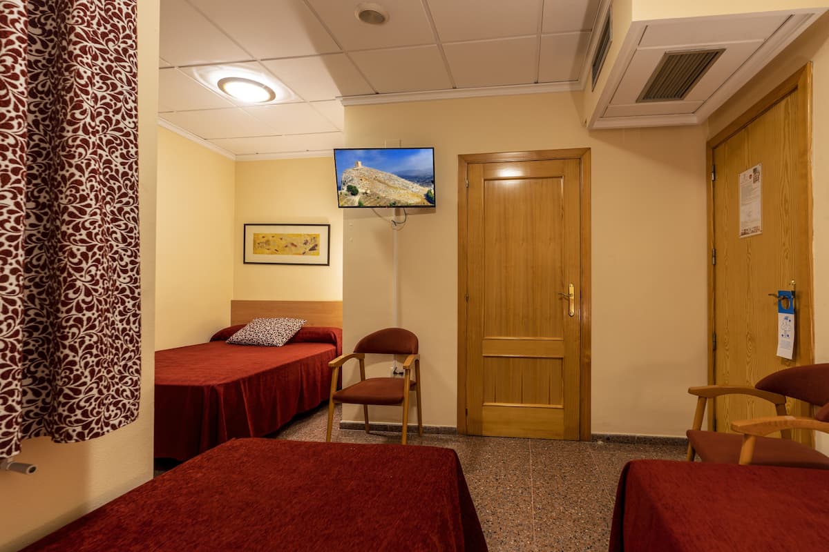 Una habitación con dos camas individuales, una puerta de madera, un televisor montado en la pared y una cortina con estampado.