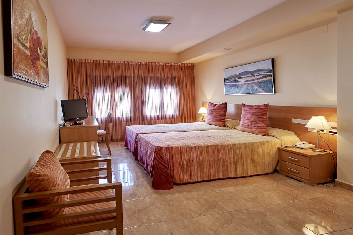 Habitación de hotel con dos camas, un escritorio, una silla, un televisor y un cuadro en la pared.