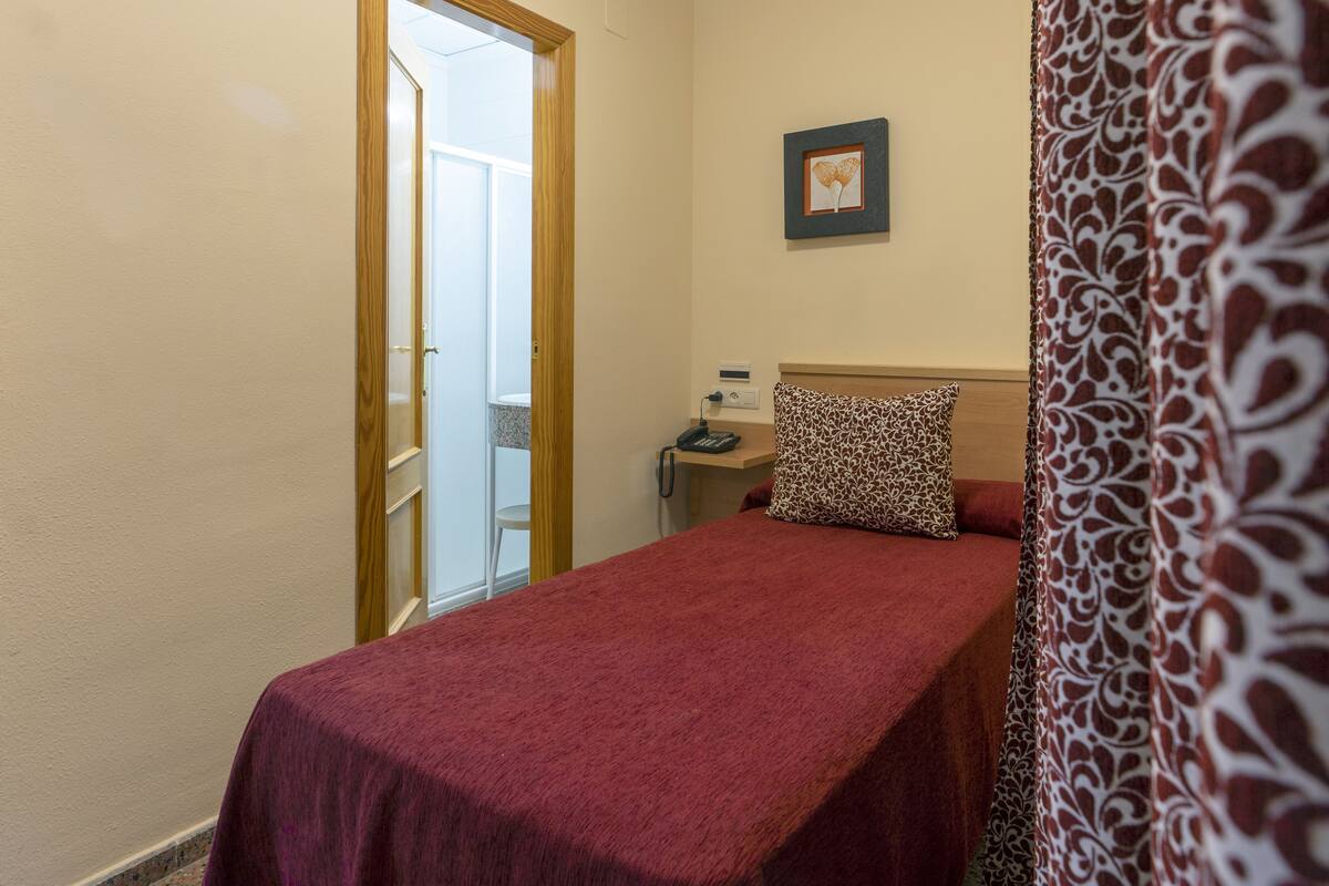 Habitación de hotel con una cama individual, una mesita de noche con teléfono, un pequeño cuadro en la pared y una cortina estampada.