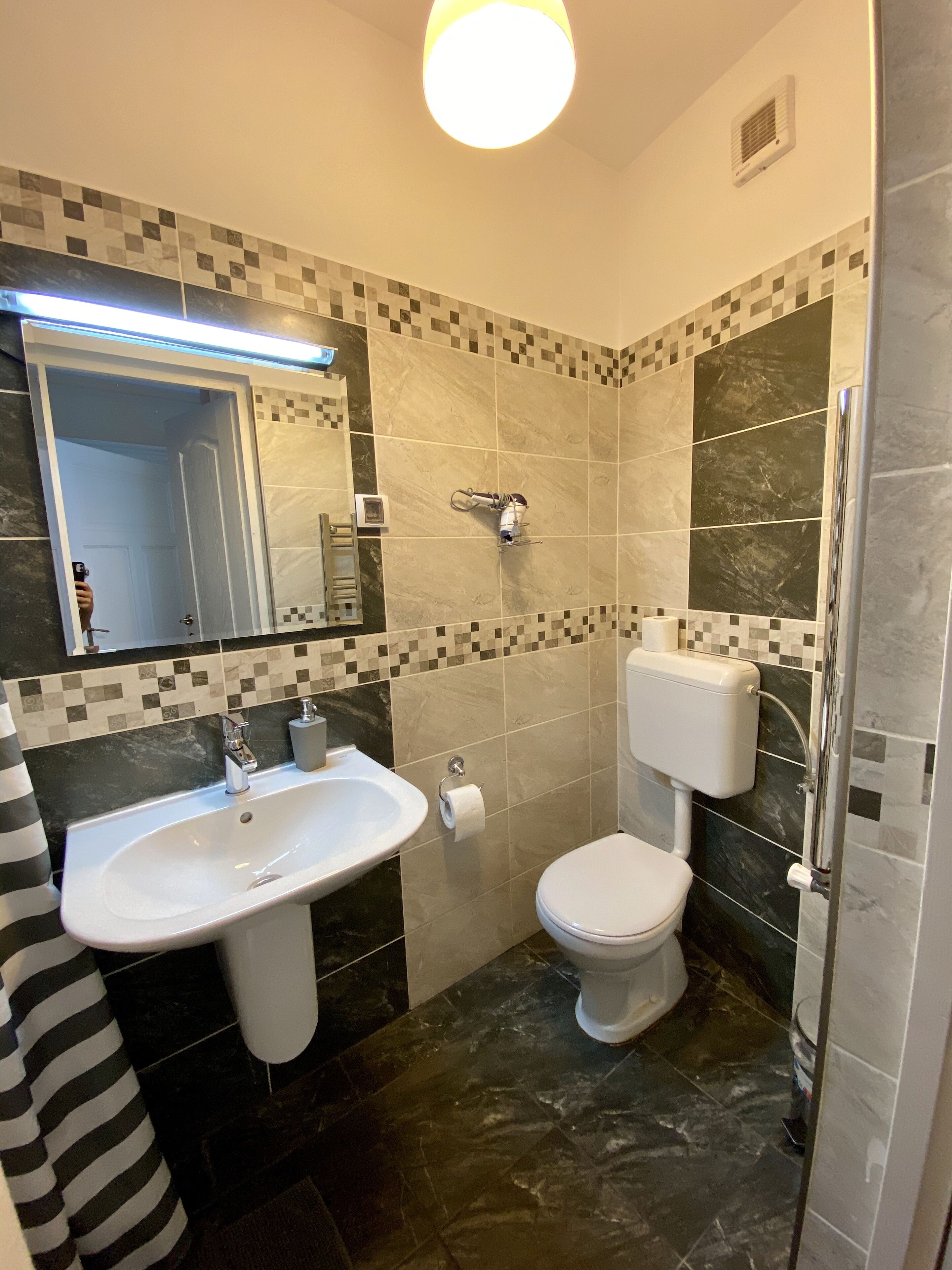A bathroom with a white sink, a toilet, and a shower area.