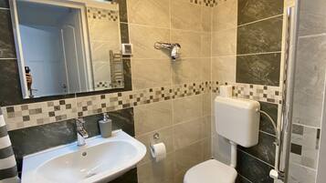 A bathroom with a white sink, a toilet, and a shower area.