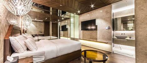 Premium bedding, desk, laptop workspace, soundproofing