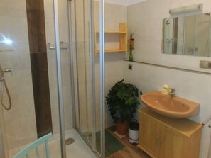 Shower, hair dryer, towels