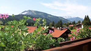 A mountain view with houses and a balcony with flowers.