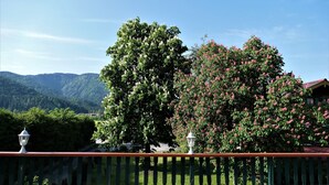 Ein Balkon mit Blick auf ein Gebirge, ein großer Baum mit rosa Blüten und ein weißer Laternenpfahl.