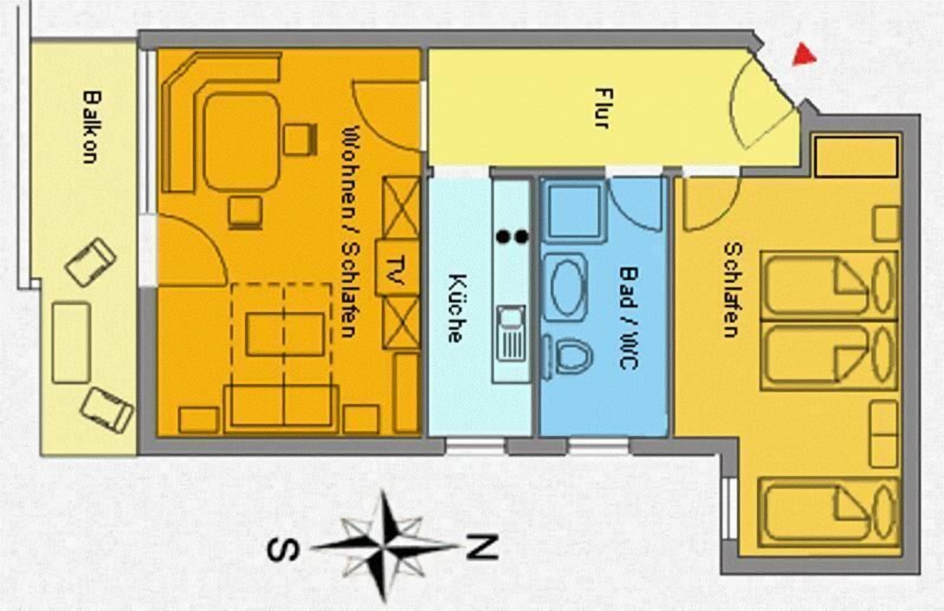 A hotel floor plan with a balcony, living area, kitchen, bathroom, and shower area.