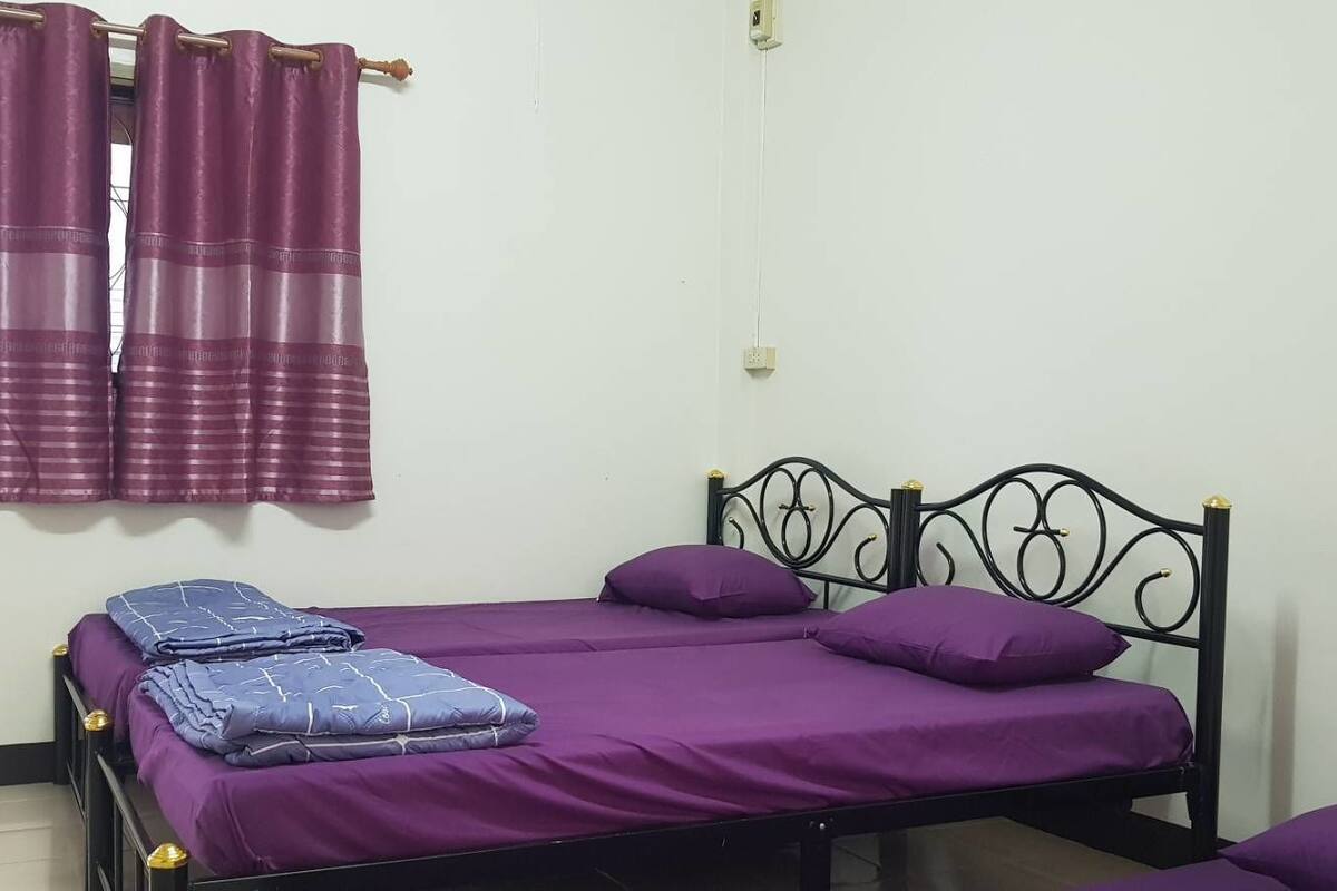 A single bed with a black metal frame and purple bedding, a window with purple curtains, and a white wall.