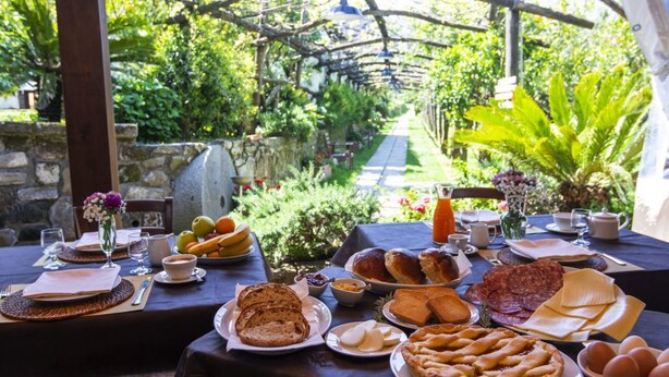 An outdoor dining area with a variety of food items, including bread, pastries, and eggs, set against a backdrop of greenery and a stone wall. - Agriturismo Il Convento (Massa Lubrense)