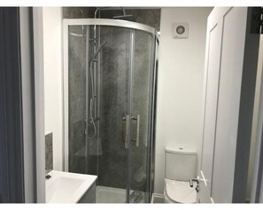 A modern bathroom with a glass-enclosed shower, a white sink, and a toilet. - Iffley Town House (Oxford)