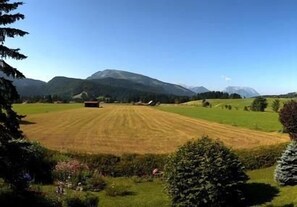 A rural landscape with a field, trees, and mountains in the background. - Ferienwohnung Brack (Reit im Winkl)