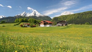 Ländliche Landschaft mit einem Haus, einer Scheune und schneebedeckten Bergen im Hintergrund.