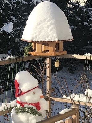 Un bonhomme de neige coiffé d’un chapeau rouge et portant une écharpe, avec une structure recouverte de neige en arrière-plan.