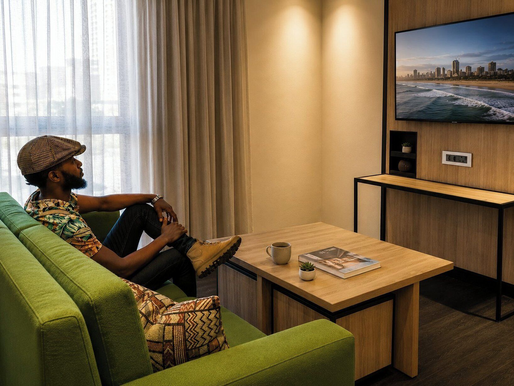 A hotel room with a green sofa, a wooden coffee table, a television mounted on the wall, and a window with curtains.
