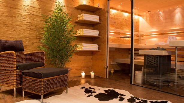 Una habitación acogedora con pared de madera, una silla de mimbre, cabina de ducha de vidrio y alfombra de cuero de vaca.