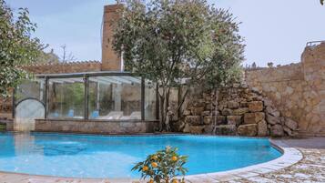 A swimming pool with a glass enclosure, a stone wall, and a small tree with yellow flowers.